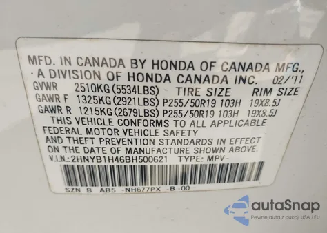 2011 Acura Zdx from USA, damaged, VIN 2HNYB1H46BH500621